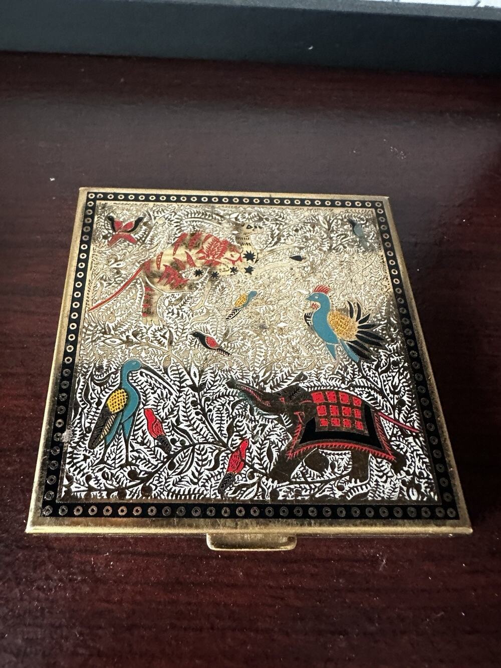 Vintage Volupte Brass and Enamel Exotic Animal Compact